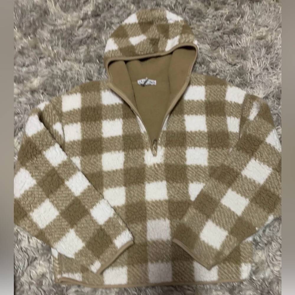 Fuzzy Brown An Cream Checkered Half Zip LA Grown Hoodie Sweater Size Small